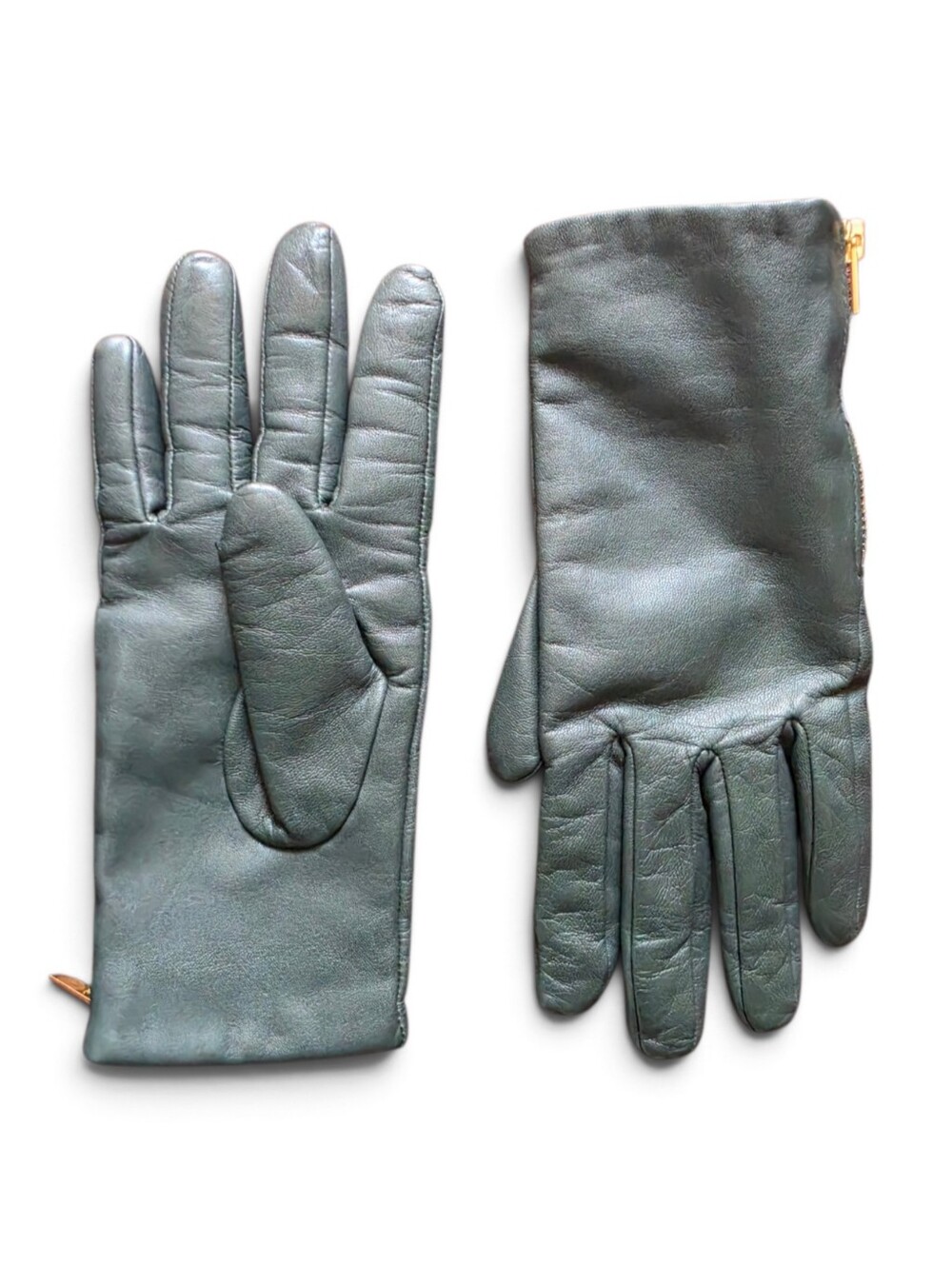 Banana Republic Womens Leather Zip- Side Gloves Dark Green Gold Zipper Small